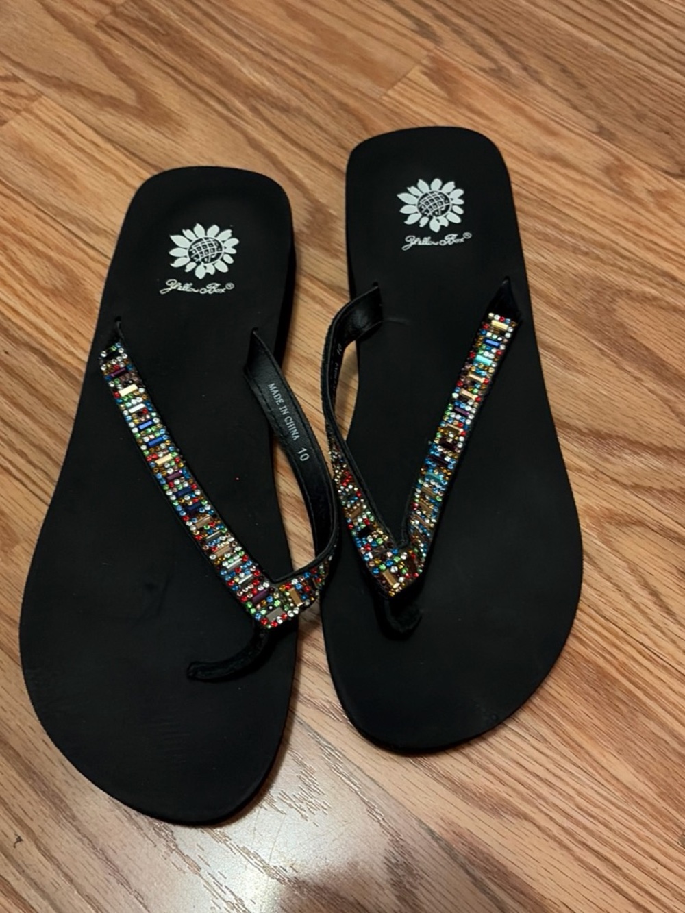 Yellow Box Black Flip Flop Sandals with Multicolor Beaded Straps